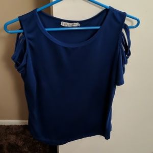 Blue shirt - X string on shoulders